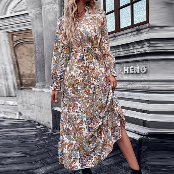 Female Casual V-Neck Long Sleeve Maxi Dress Fashion Vintage Pattern  Loose Dress Autumn Ruffle Office Pleated Dress