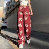 print design, high waist and wide leg jeans, women's street hanging, floor dragging