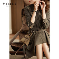 VIMLY New Autumn Dresses For Women Fashion High Waist Long Dress Sashes Button-up Shirt Dress Elegant Female Vestidos F8780