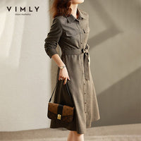 VIMLY New Autumn Dresses For Women Fashion High Waist Long Dress Sashes Button-up Shirt Dress Elegant Female Vestidos F8780