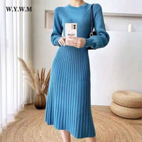 WYWM Winter Fashion Base Mid-length Knitted Dress Women Silmming Thin Long Sleeve Dresses Female Solid Temperament Commute Dress