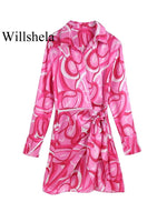 Willshela Women Fashion With Bow Printed Lace Up Mini Dress Vintage Lapel Neck Long Sleeves Female Chic Lady Dresses