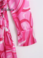 Willshela Women Fashion With Bow Printed Lace Up Mini Dress Vintage Lapel Neck Long Sleeves Female Chic Lady Dresses