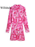 Willshela Women Fashion With Bow Printed Lace Up Mini Dress Vintage Lapel Neck Long Sleeves Female Chic Lady Dresses