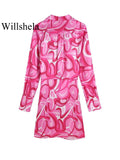 Willshela Women Fashion With Bow Printed Lace Up Mini Dress Vintage Lapel Neck Long Sleeves Female Chic Lady Dresses