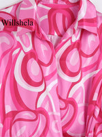 Willshela Women Fashion With Bow Printed Lace Up Mini Dress Vintage Lapel Neck Long Sleeves Female Chic Lady Dresses