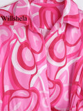 Willshela Women Fashion With Bow Printed Lace Up Mini Dress Vintage Lapel Neck Long Sleeves Female Chic Lady Dresses