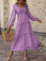 Women Autumn Long Sleeve Floral Dress Fashion Patchwork Casual Lace Up Long Dresses V Neck Loose Slit Hem Dress Vestidos