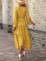 Women Autumn Long Sleeve Floral Dress Fashion Patchwork Casual Lace Up Long Dresses V Neck Loose Slit Hem Dress Vestidos