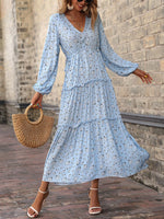 Women Autumn Long Sleeve Floral Dress Fashion Patchwork Casual Lace Up Long Dresses V Neck Loose Slit Hem Dress Vestidos
