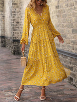 Women Autumn Long Sleeve Floral Dress Fashion Patchwork Casual Lace Up Long Dresses V Neck Loose Slit Hem Dress Vestidos
