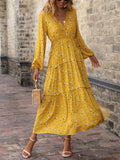 Women Autumn Long Sleeve Floral Dress Fashion Patchwork Casual Lace Up Long Dresses V Neck Loose Slit Hem Dress Vestidos