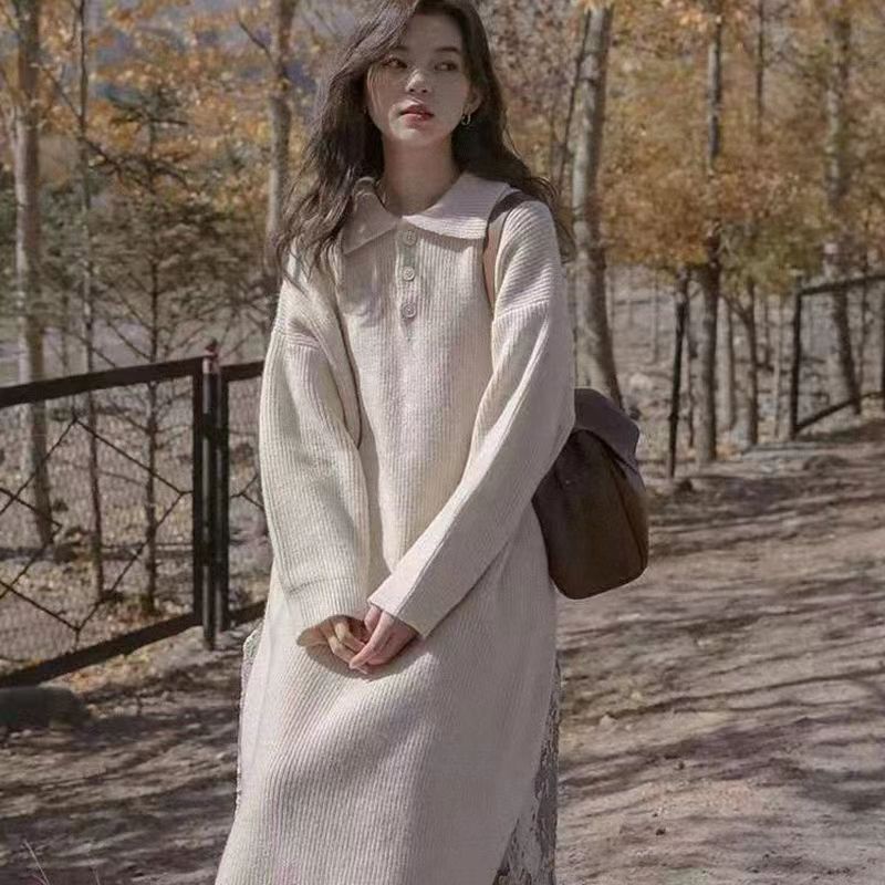 Women Buttons Lapel Loose Sweater Dress For Women Full Sleeve Female –  Sheingraceful