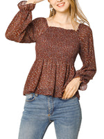 Women's Off Shoulder Long Bell Sleeve Floral Print Smocked Blouse Top