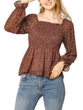 Women's Off Shoulder Long Bell Sleeve Floral Print Smocked Blouse Top