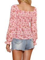 Women's Off Shoulder Long Bell Sleeve Floral Print Smocked Blouse Top