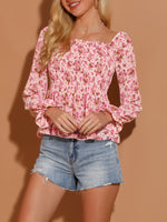 Women's Off Shoulder Long Bell Sleeve Floral Print Smocked Blouse Top