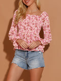 Women's Off Shoulder Long Bell Sleeve Floral Print Smocked Blouse Top
