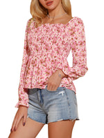 Women's Off Shoulder Long Bell Sleeve Floral Print Smocked Blouse Top