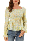 Women's Off Shoulder Long Bell Sleeve Floral Print Smocked Blouse Top