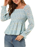 Women's Off Shoulder Long Bell Sleeve Floral Print Smocked Blouse Top